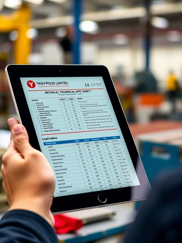 Photo of a downloadable spec sheet and load table displayed on a tablet, with Yash Poles Limited branding, emphasizing technical support and product transparency.